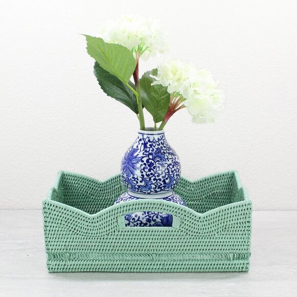 Tight Woven Scalloped Rattan Coffee Table Tray with Handles